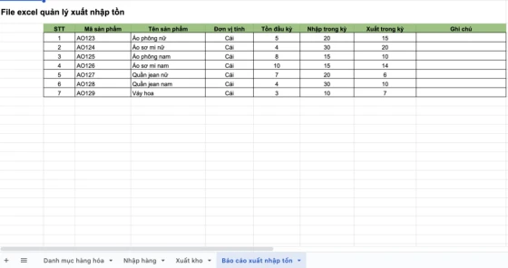 Mẫu file Excel quản lý xuất/ nhập hàng hóa cơ bản