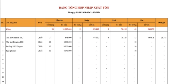 File Excel quản lý xuất nhập tồn kho chi tiết