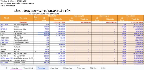 File Excel quản lý xuất nhập tồn kho kèm công thức